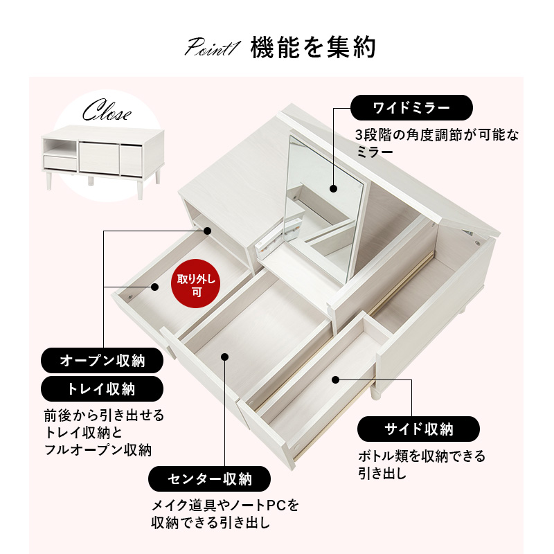 ハートマークショップ】コスメテーブル ドレッサー 幅75cm ホワイト RD